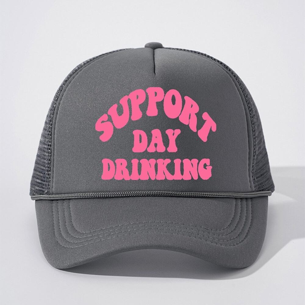 Support Day Drinking Dark Gray Graphic Adjustable Snapback Trucker Hat NWOT
